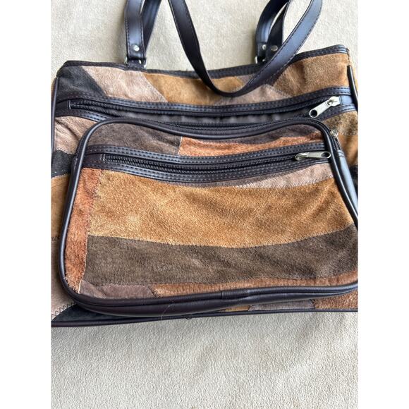 Vintage Style Patchwork Suede Purse Brown Pig Leather Wallet Shoulder Bag - Picture 2 of 12